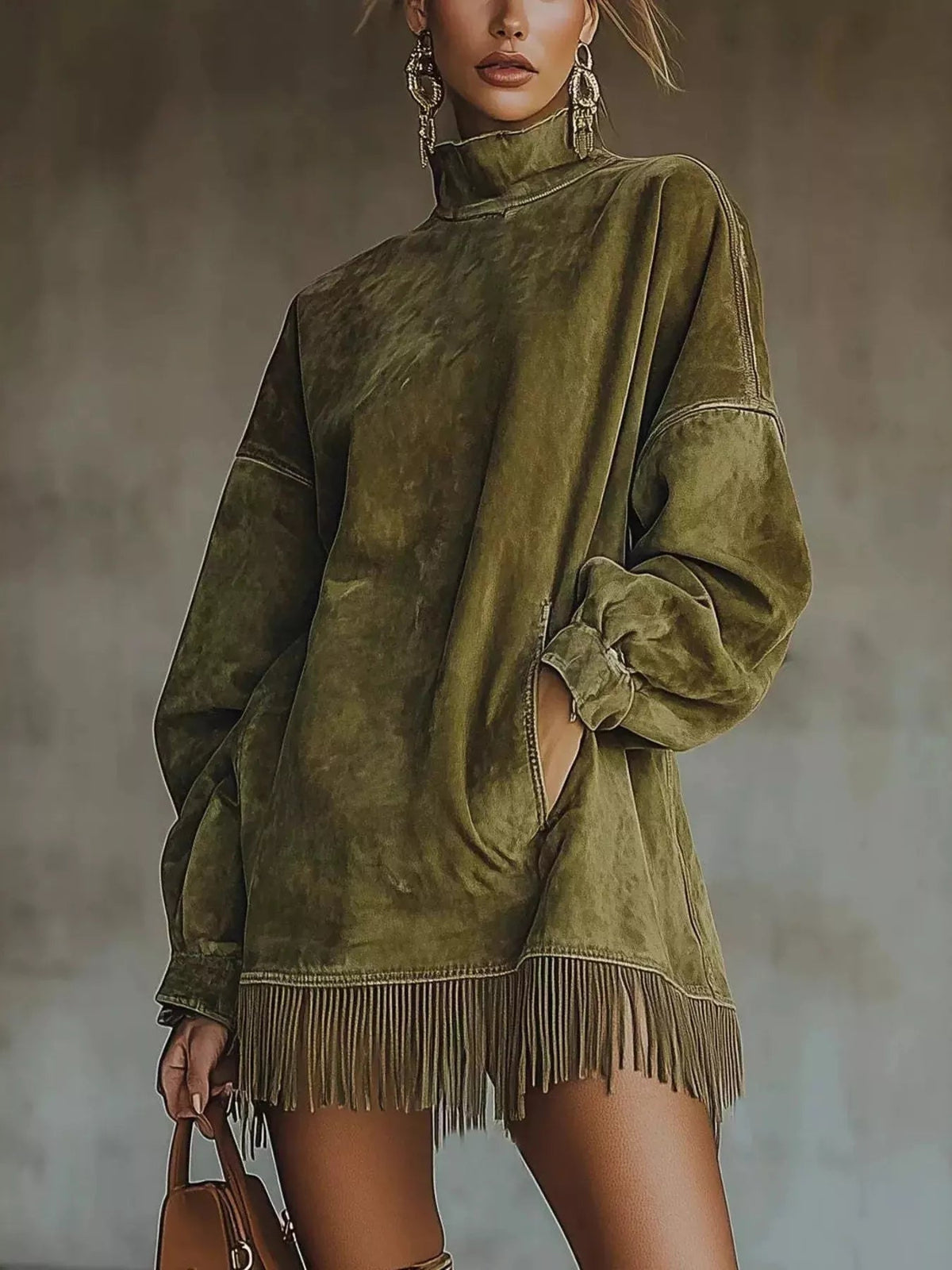 Mock Neck Fringed Hem Long Sleeve Mini Dress — Multiple Colors • Inclusive Sizing | Trendsi - Dressed.