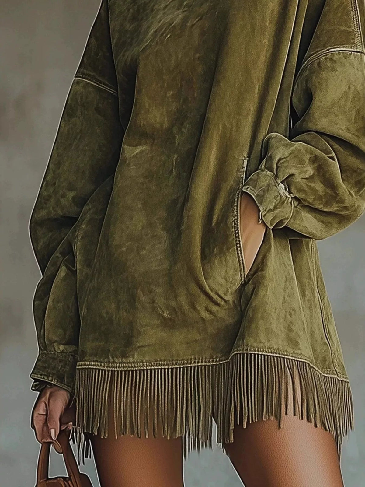 Mock Neck Fringed Hem Long Sleeve Mini Dress — Multiple Colors • Inclusive Sizing | Trendsi - Dressed.