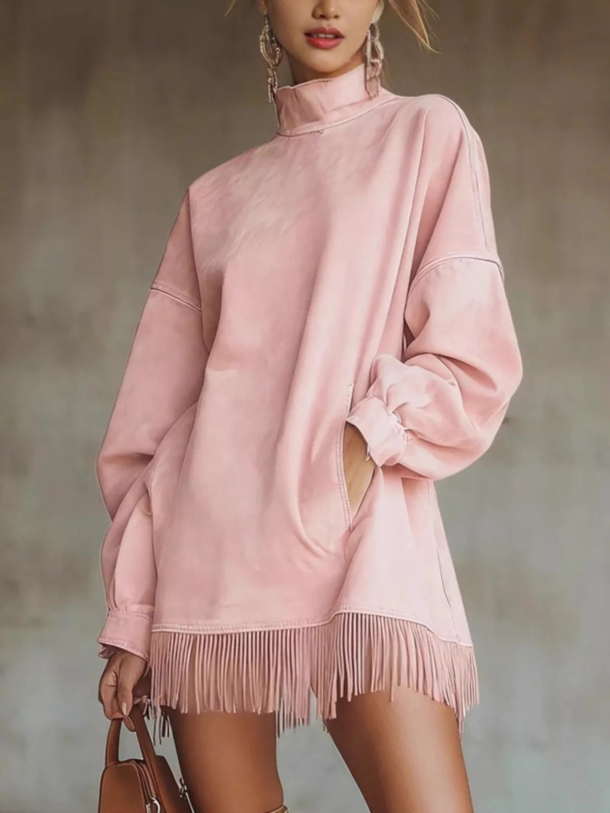 Mock Neck Fringed Hem Long Sleeve Mini Dress — Multiple Colors • Inclusive Sizing | Trendsi - Dressed.