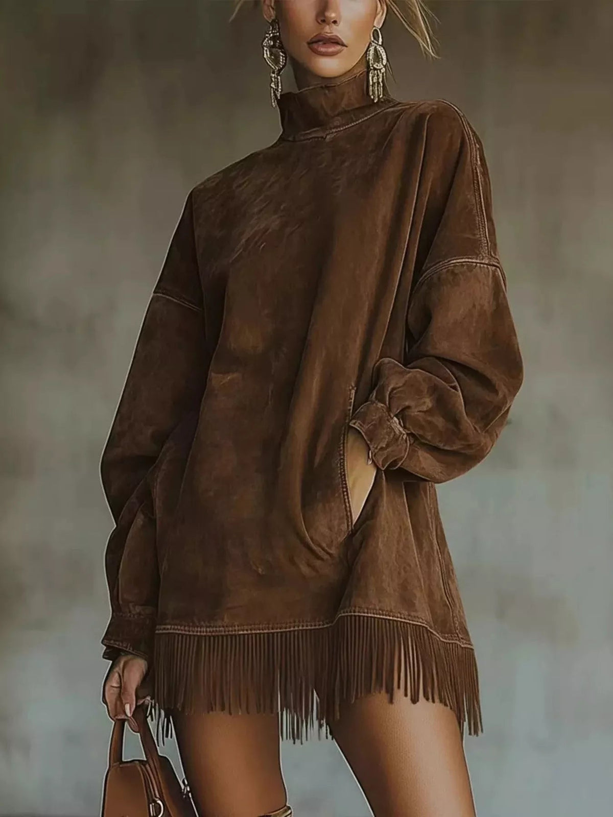 Mock Neck Fringed Hem Long Sleeve Mini Dress — Multiple Colors • Inclusive Sizing | Trendsi - Dressed.