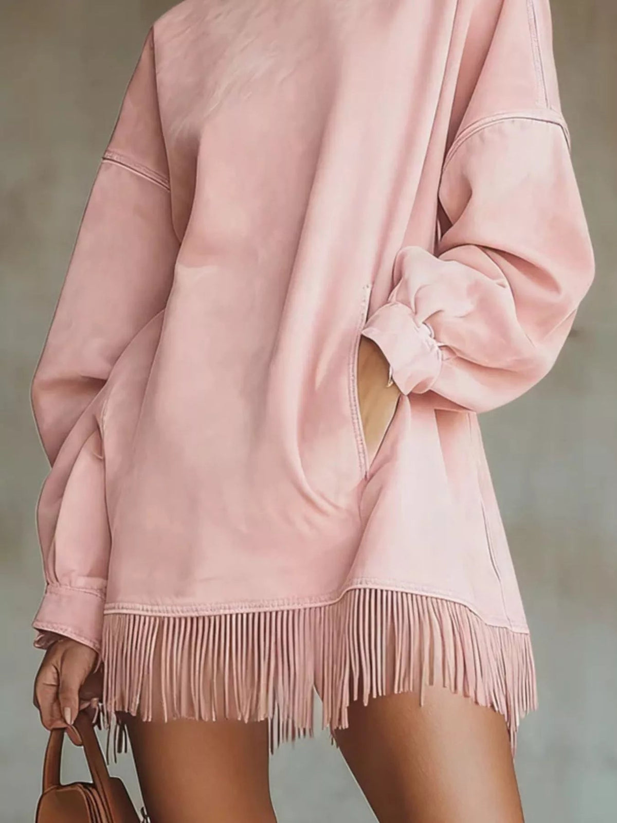Mock Neck Fringed Hem Long Sleeve Mini Dress — Multiple Colors • Inclusive Sizing | Trendsi - Dressed.