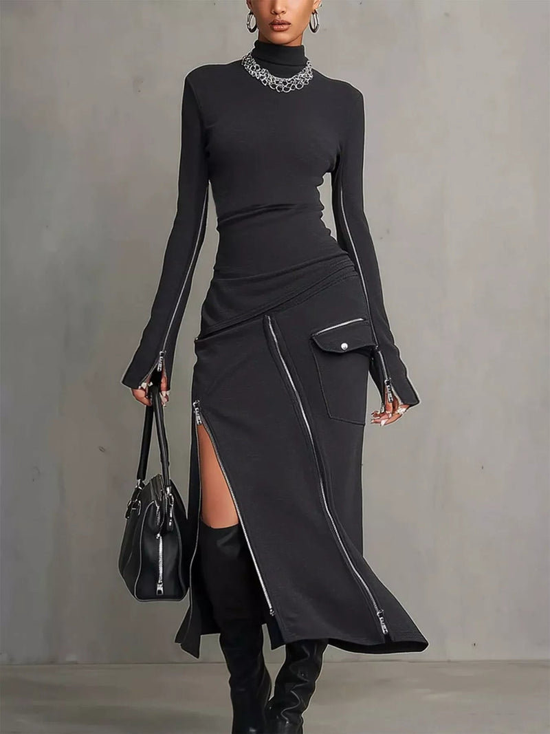 Mock Neck Long Sleeve Zipper Detail Maxi Dress — Black • Inclusive Sizing | Trendsi - Dressed.