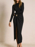 Noire Ruched Button-Slit Midi Dress - Dressed.