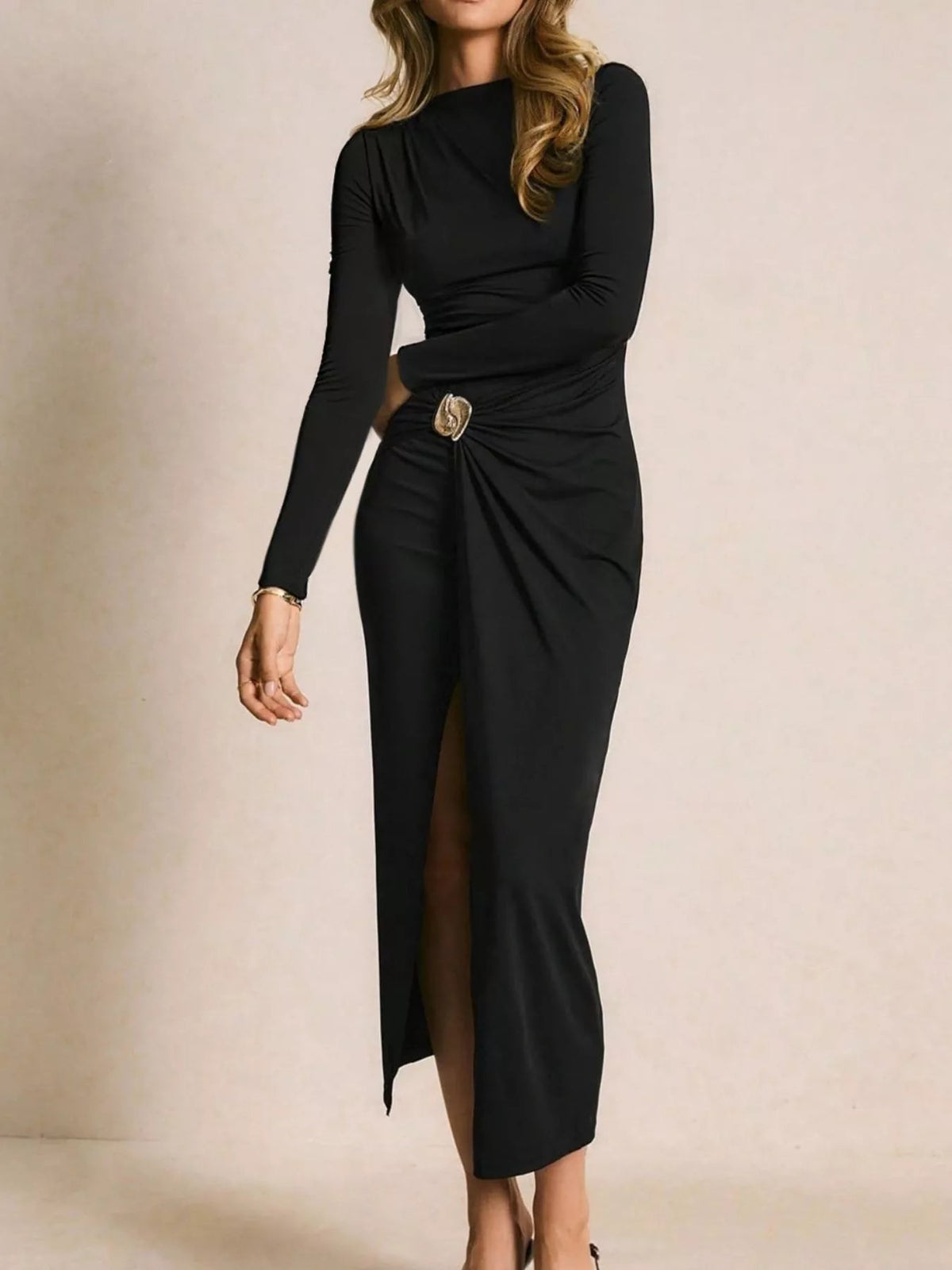 Noire Ruched Button-Slit Midi Dress - Dressed.