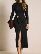 Noire Ruched Button-Slit Midi Dress - Dressed.