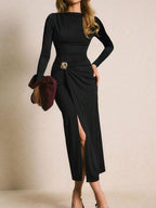 Noire Ruched Button-Slit Midi Dress - Dressed.