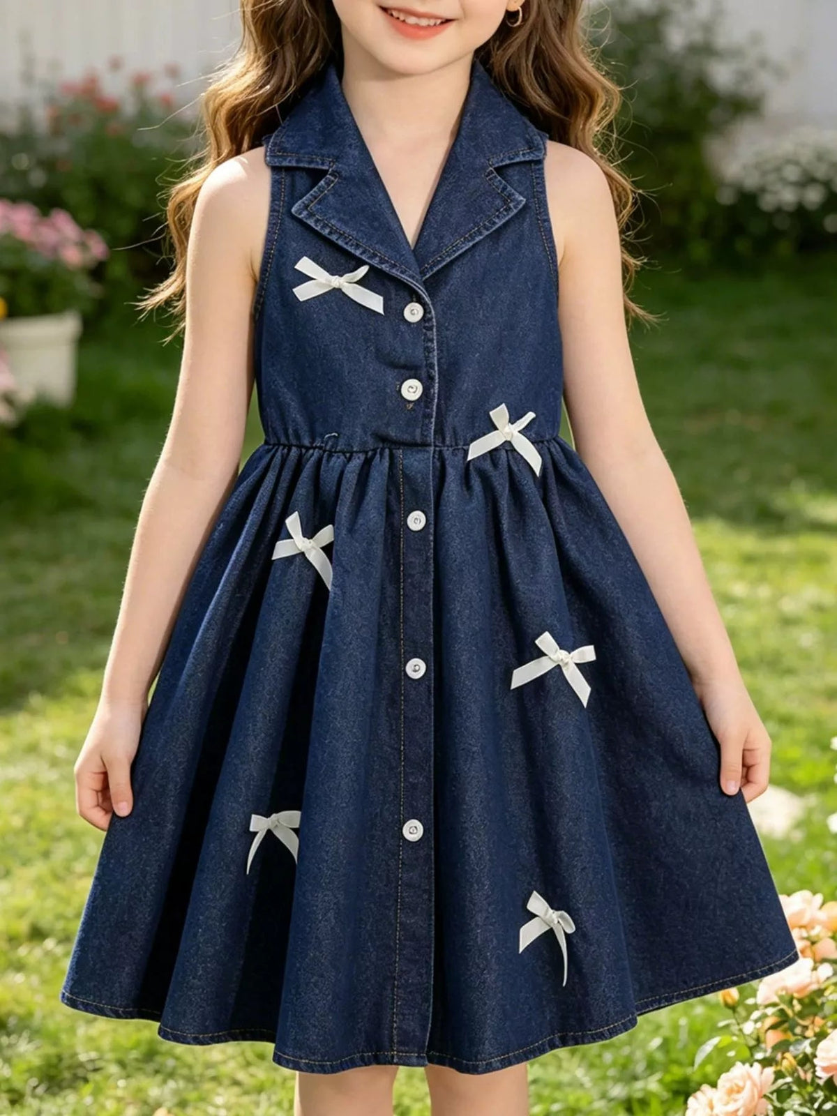 Odette Denim Bow Sleeveless Dress — Dark Blue - Dressed.