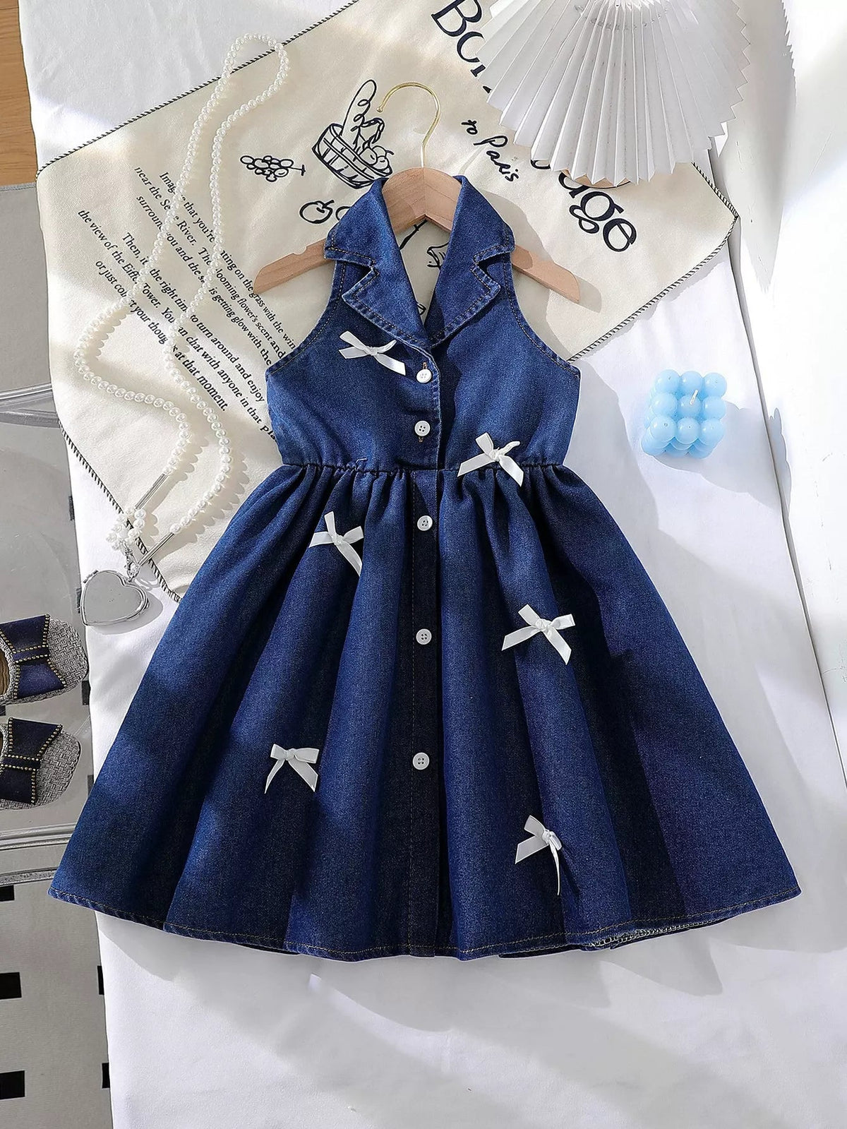 Odette Denim Bow Sleeveless Dress — Dark Blue - Dressed.