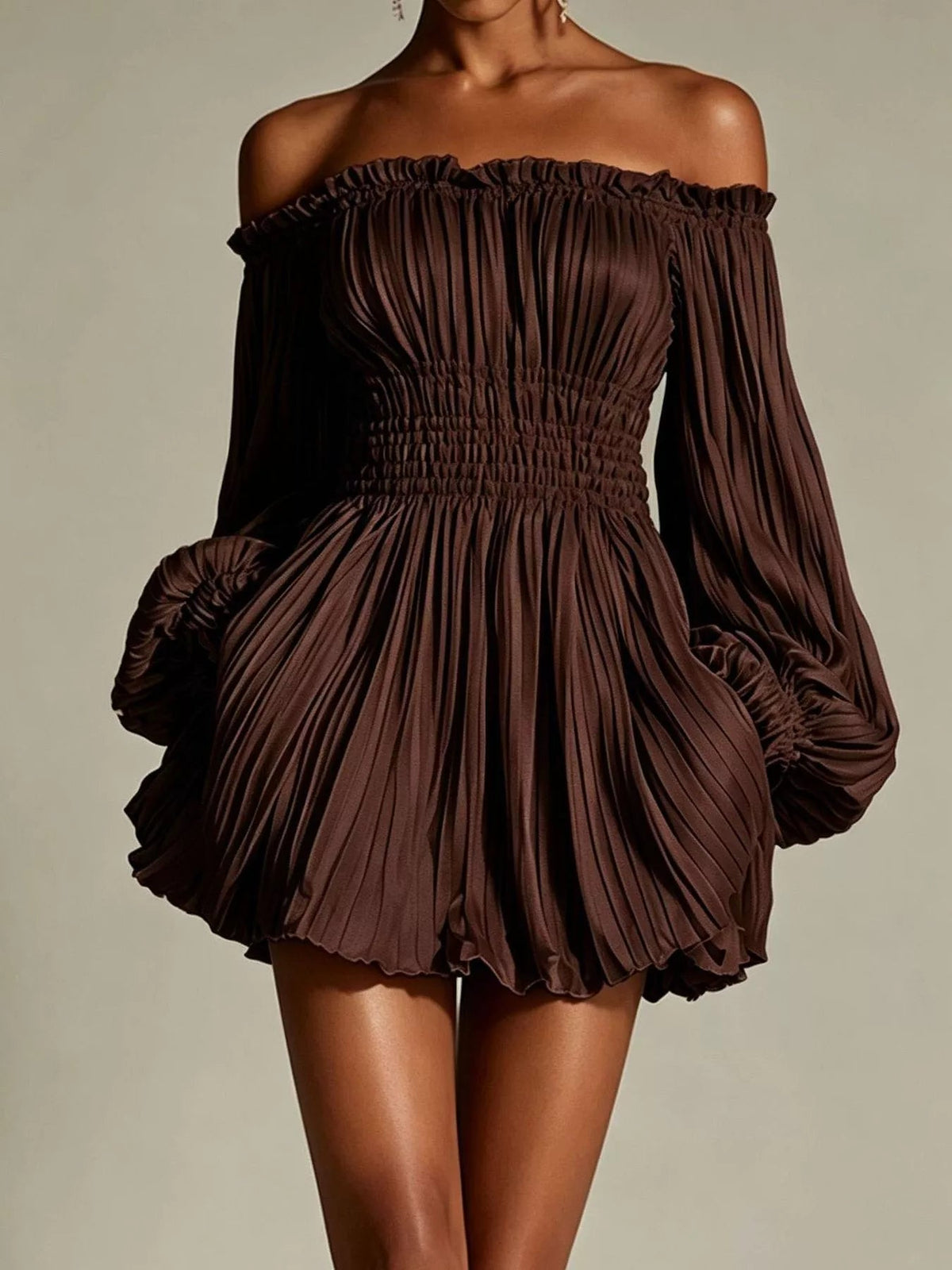 Off-Shoulder Pleated Mini Dress — Multiple Colors • Inclusive Sizing | Trendsi - Dressed.