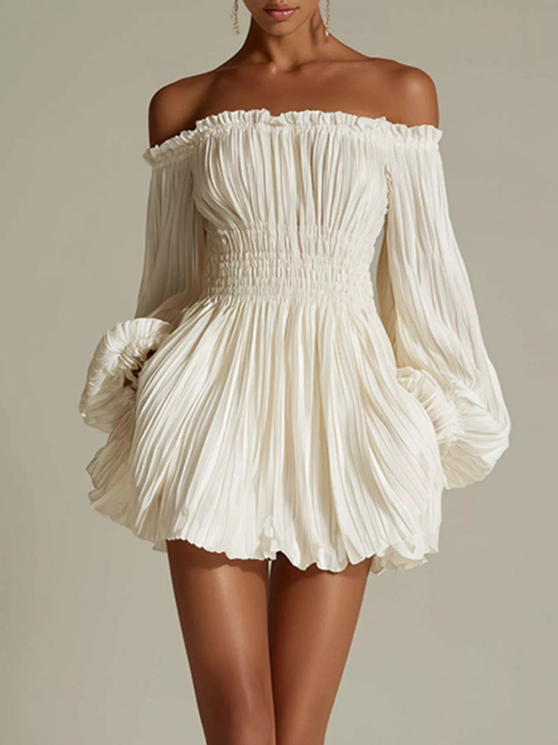 Off-Shoulder Pleated Mini Dress — Multiple Colors • Inclusive Sizing | Trendsi - Dressed.