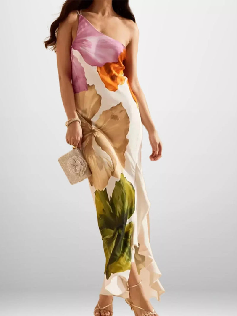 One-Shoulder Floral Print Satin Maxi Dress — Tan • Inclusive Sizing | Trendsi - Dressed.