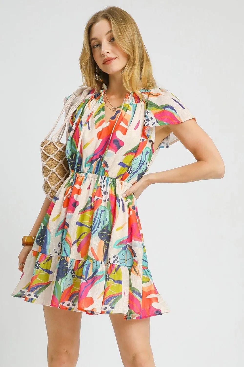 Paloma Tropical Tie-Neck Mini Dress — Orange - Dressed.