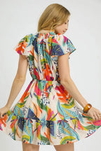 Paloma Tropical Tie-Neck Mini Dress — Orange - Dressed.