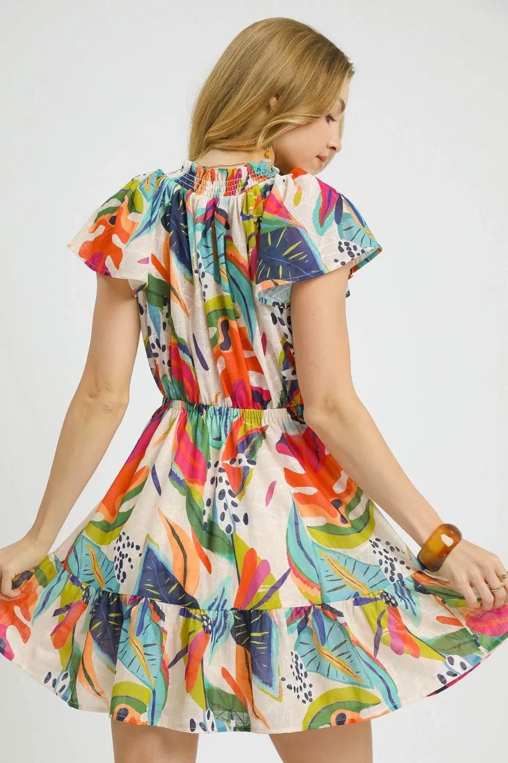 Paloma Tropical Tie-Neck Mini Dress — Orange - Dressed.