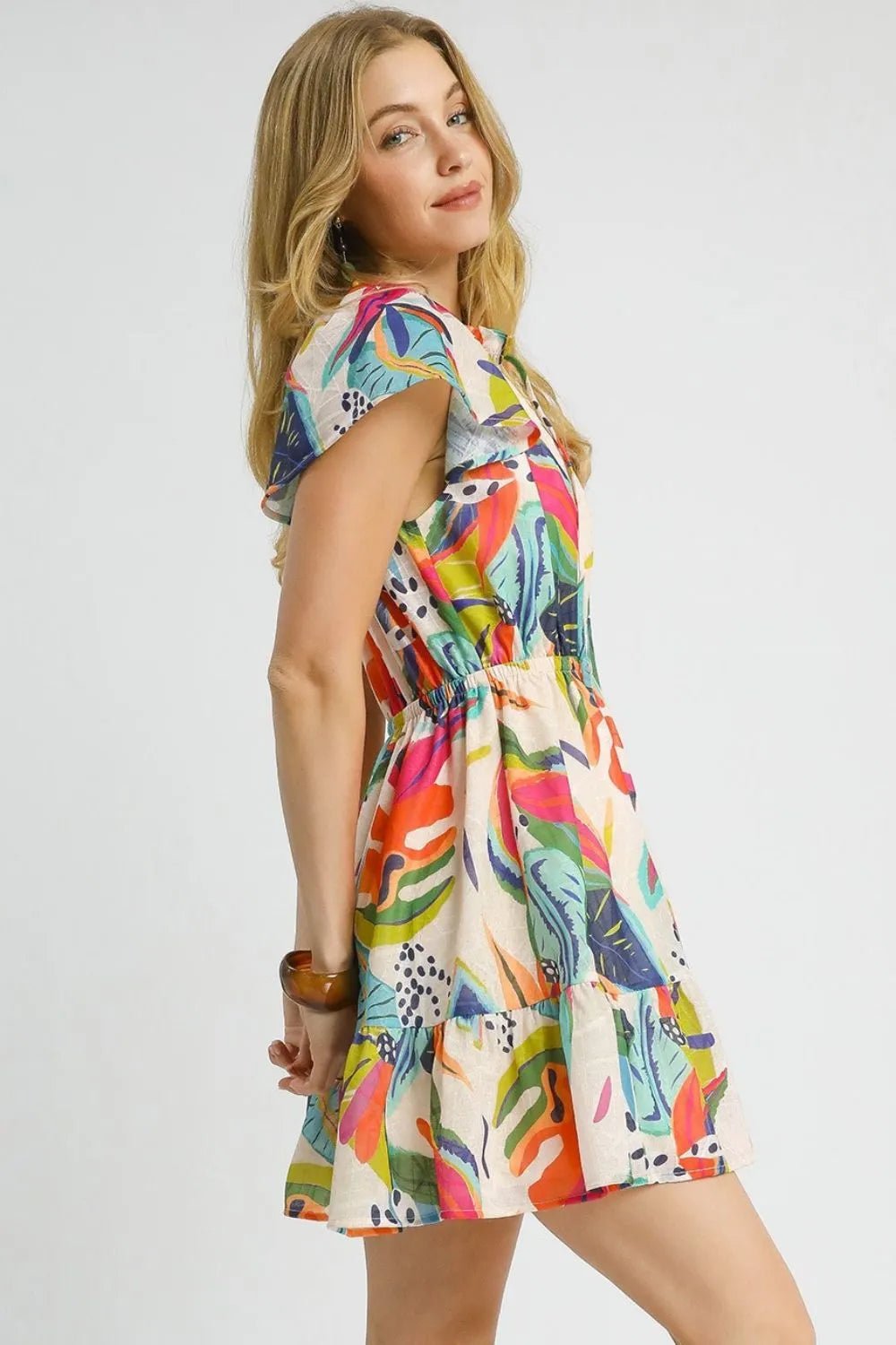 Paloma Tropical Tie-Neck Mini Dress — Orange - Dressed.