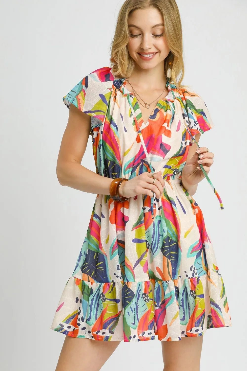 Paloma Tropical Tie-Neck Mini Dress — Orange - Dressed.