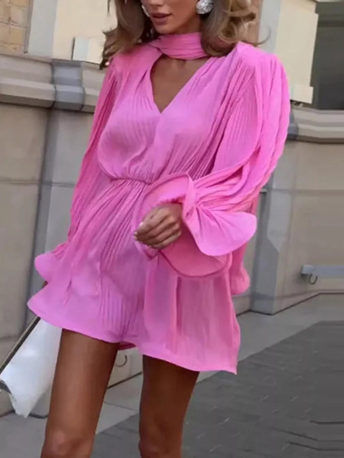 Pleated Long Sleeve Mini Dress — Blue & Pink • Inclusive Sizing | Trendsi - Dressed.