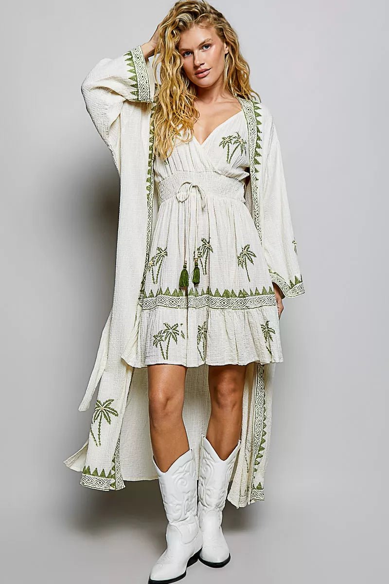 POL Palm Tree Print Wrap Bodice Smocked Waist Ruffle Hem Dress - Dressed.