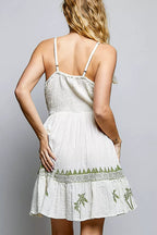 POL Palm Tree Print Wrap Bodice Smocked Waist Ruffle Hem Dress - Dressed.