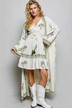 POL Palm Tree Print Wrap Bodice Smocked Waist Ruffle Hem Dress - Dressed.