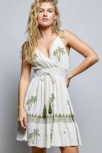 POL Palm Tree Print Wrap Bodice Smocked Waist Ruffle Hem Dress - Dressed.