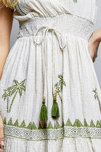 POL Palm Tree Print Wrap Bodice Smocked Waist Ruffle Hem Dress - Dressed.