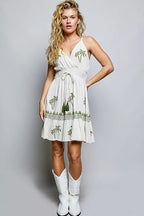 POL Palm Tree Print Wrap Bodice Smocked Waist Ruffle Hem Dress - Dressed.