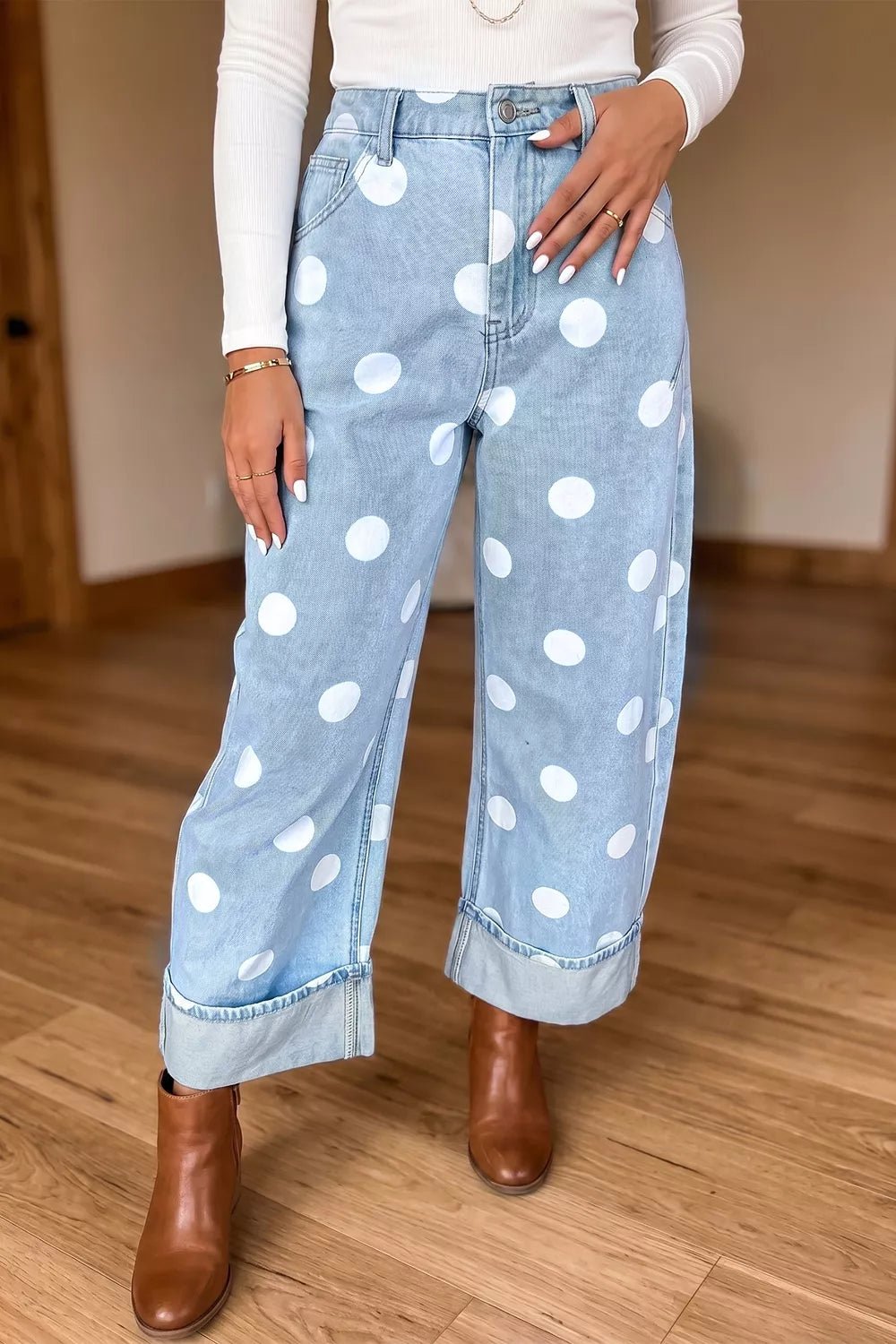 Polka Dot Ankle-Length Metal Button Casual Jeans - Dressed.