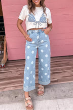 Polka Dot Ankle-Length Metal Button Casual Jeans - Dressed.