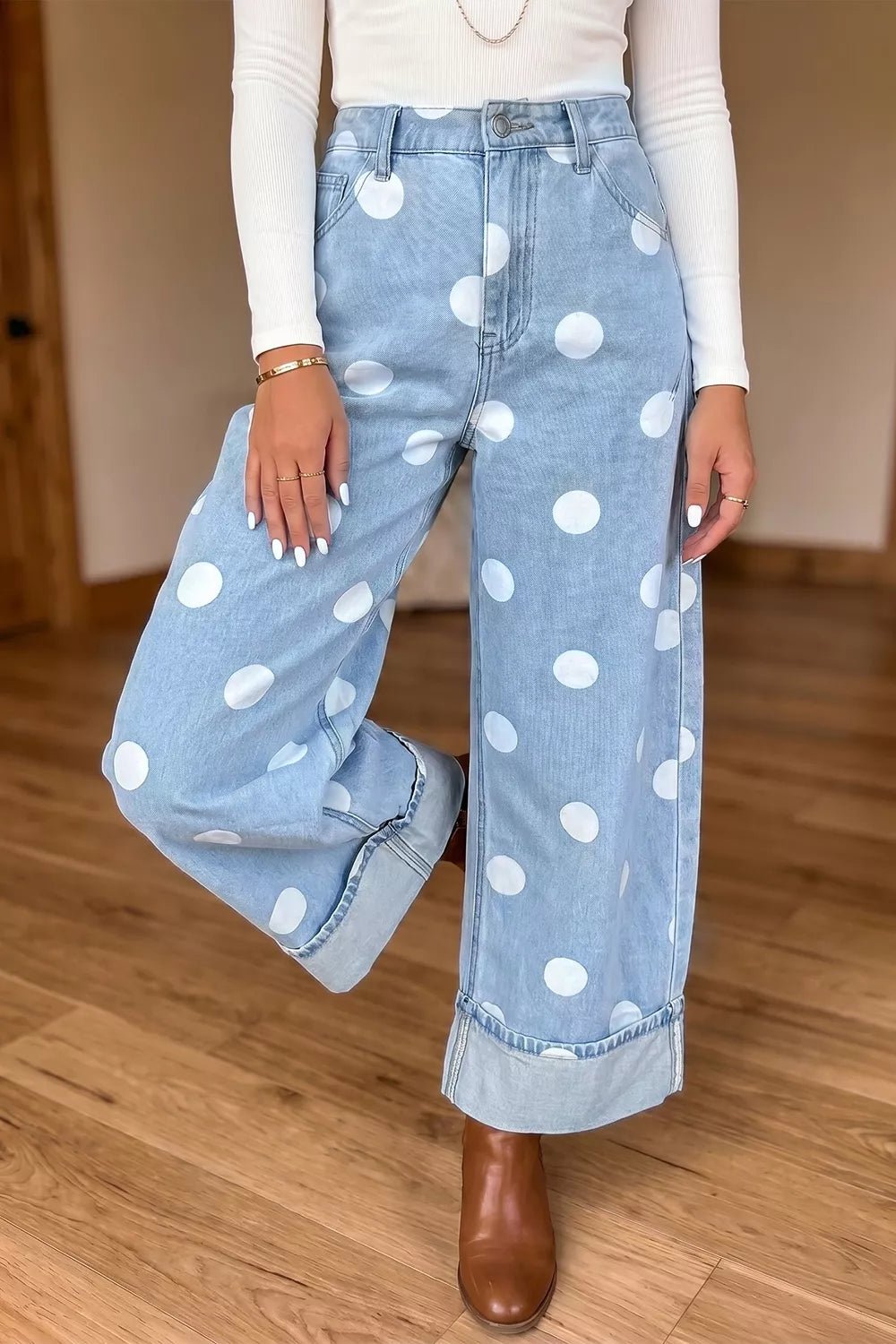 Polka Dot Ankle-Length Metal Button Casual Jeans - Dressed.