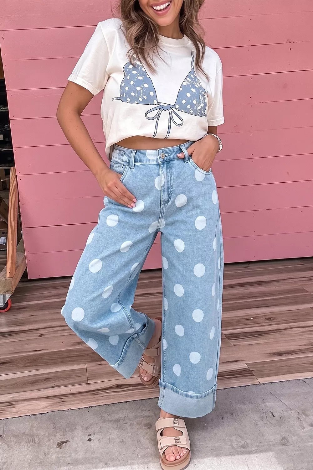 Polka Dot Ankle-Length Metal Button Casual Jeans - Dressed.