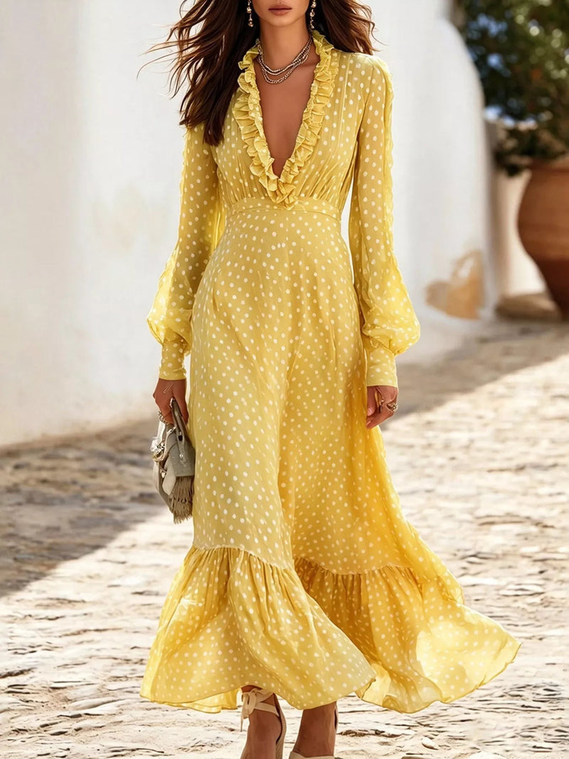 Polka Dot Ruffle V-Neck Maxi Dress — Multiple Colors • Inclusive Sizing | Trendsi - Dressed.