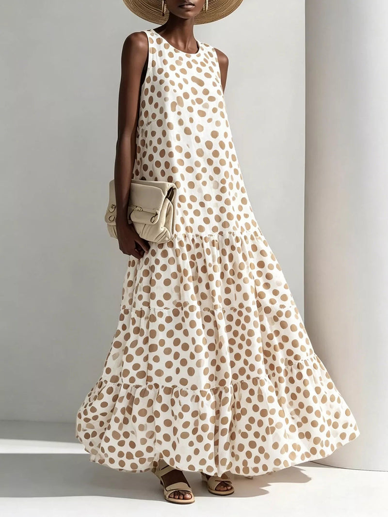 Polka Dot Sleeveless Tiered Maxi Dress — Beige | Trendsi - Dressed.