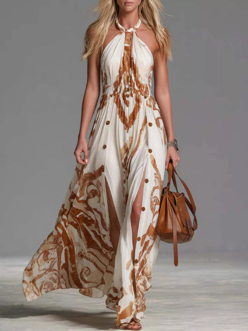 Printed Halter Neck Maxi Dress — White • Inclusive Sizing | Trendsi - Dressed.