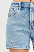 RISEN High Rise Denim Shorts with Embroidered Detail - Dressed.