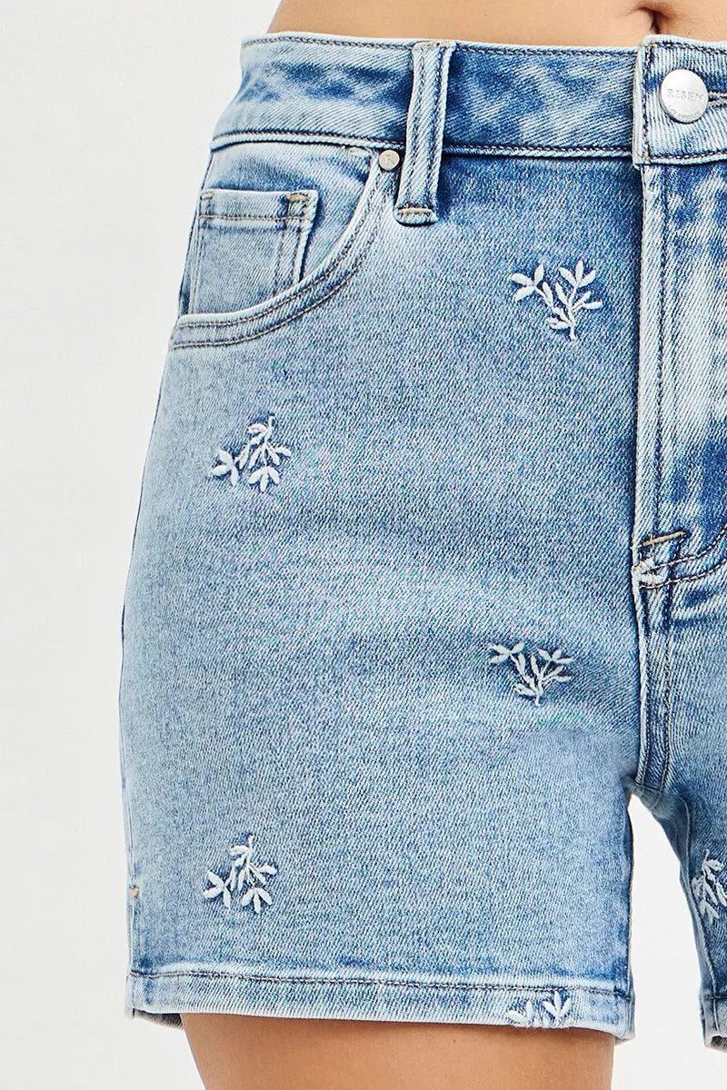 RISEN High Rise Denim Shorts with Embroidered Detail - Dressed.