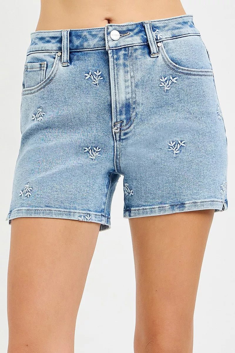 RISEN High Rise Denim Shorts with Embroidered Detail - Dressed.