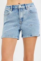RISEN High Rise Denim Shorts with Embroidered Detail - Dressed.