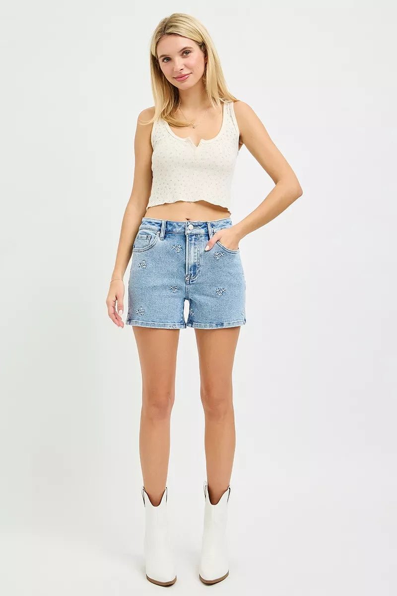 RISEN High Rise Denim Shorts with Embroidered Detail - Dressed.