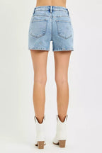 RISEN High Rise Denim Shorts with Embroidered Detail - Dressed.