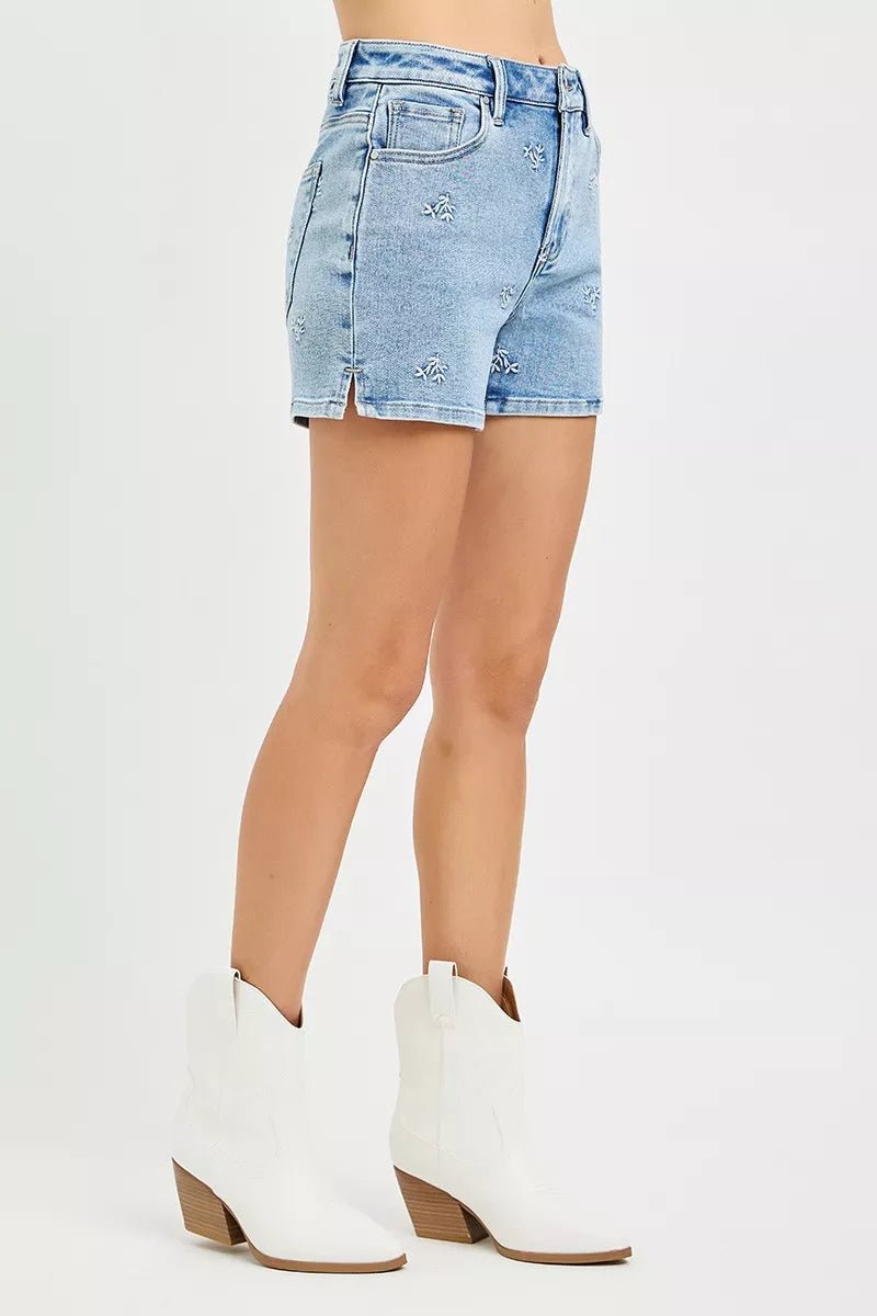 RISEN High Rise Denim Shorts with Embroidered Detail - Dressed.