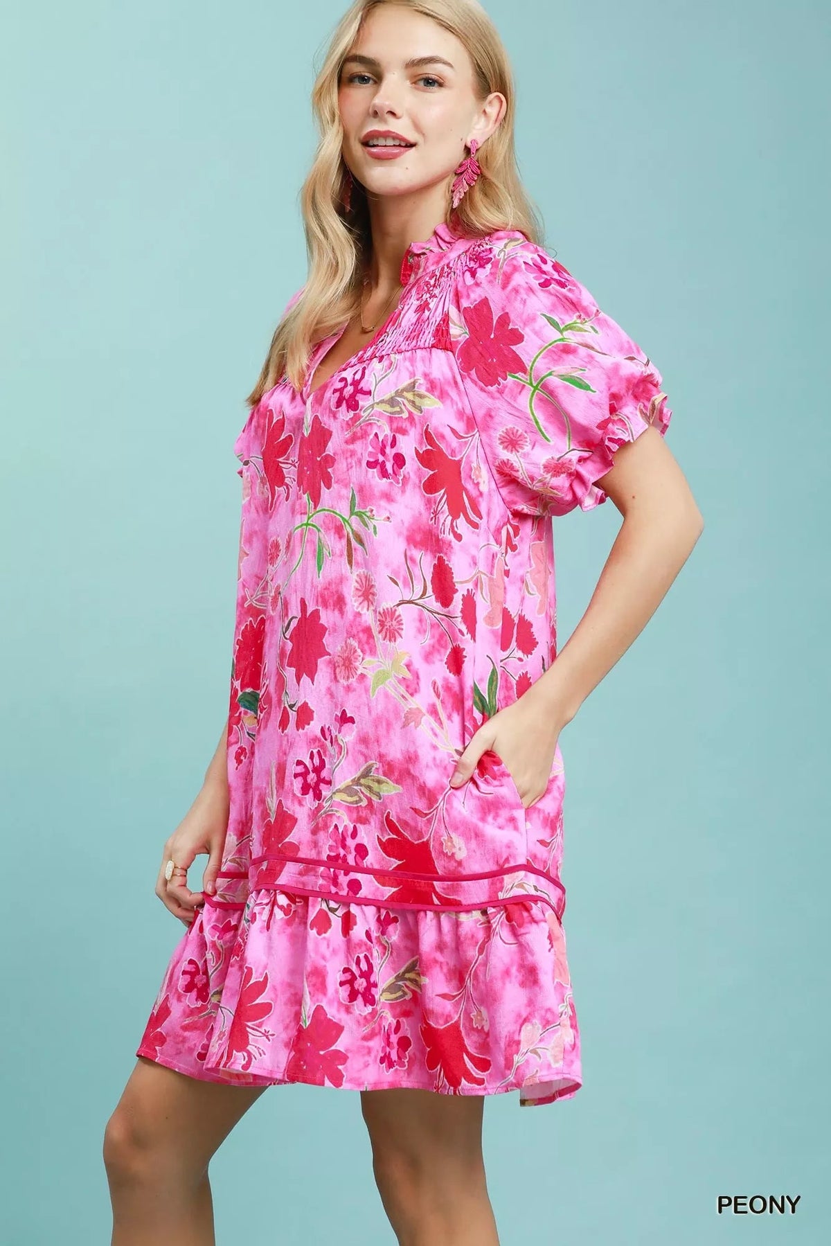 Rosalie Floral Ruffle-Hem Mini Dress — Peony - Dressed.