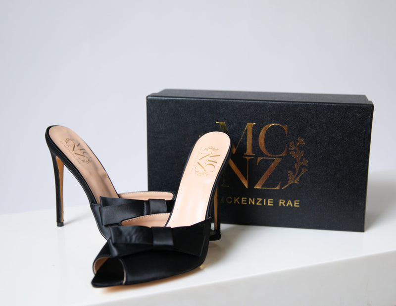 Rylee Bow Heel — Black Satin | MCNZ - Dressed.
