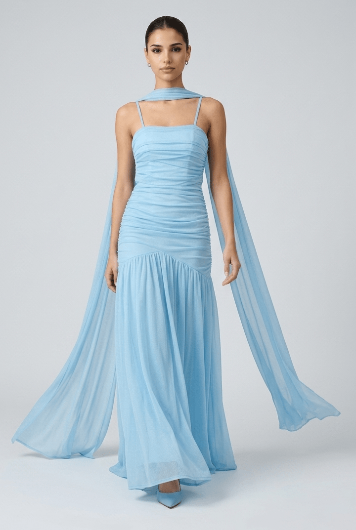 Seraphine Ruched Mesh Scarf Maxi Dress — Light Blue - Dressed.