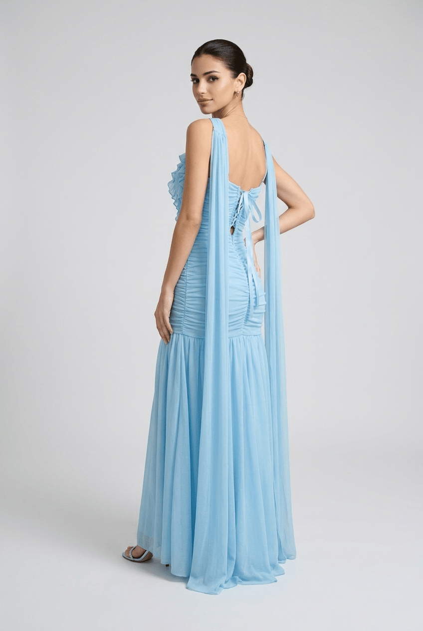 Seraphine Ruched Mesh Scarf Maxi Dress — Light Blue - Dressed.