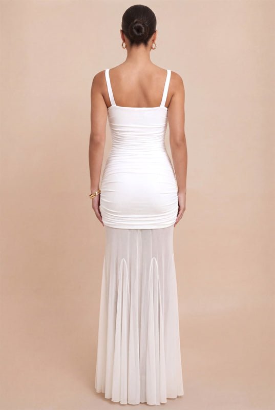 Serena Gathered Mesh Gown — White | Luxxel - Dressed.
