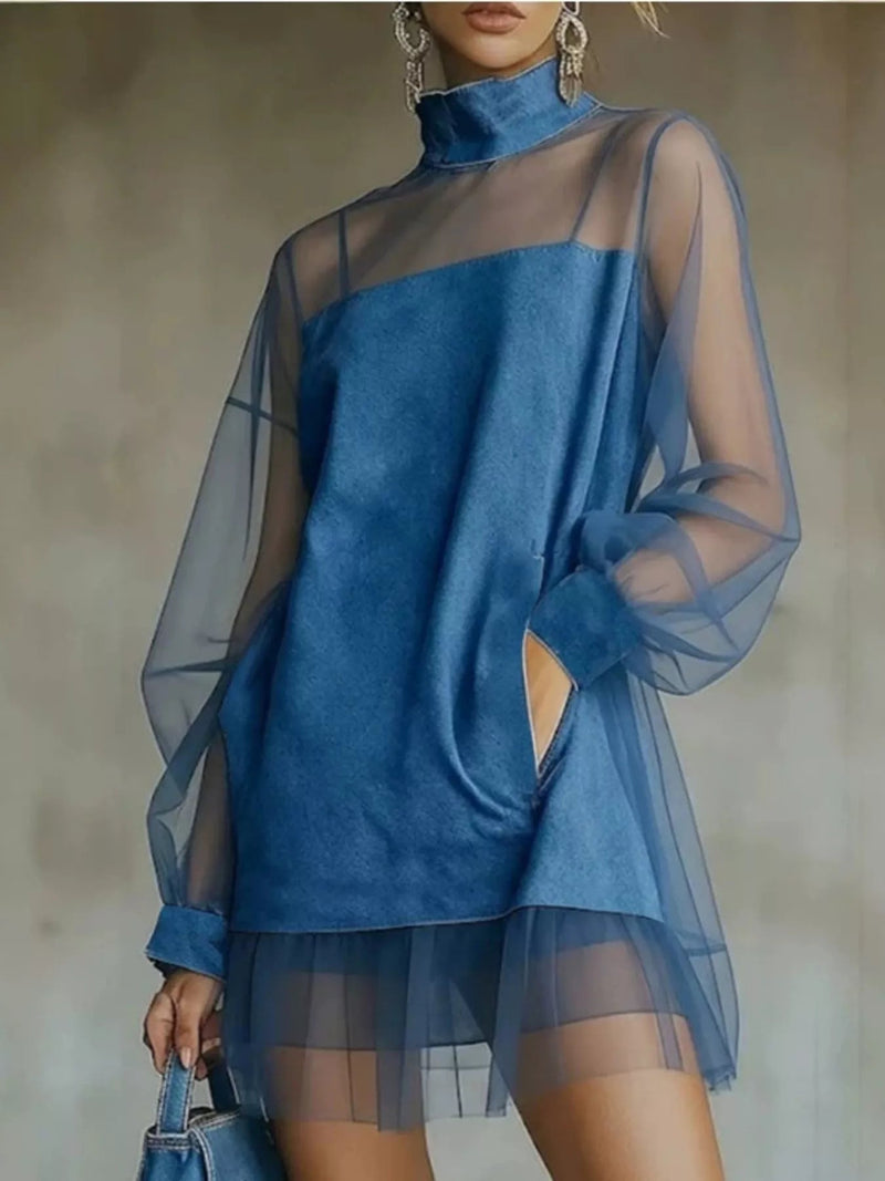 Sheer Mesh Turtleneck Mini Dress — Peacock Blue • Inclusive Sizing | Trendsi - Dressed.