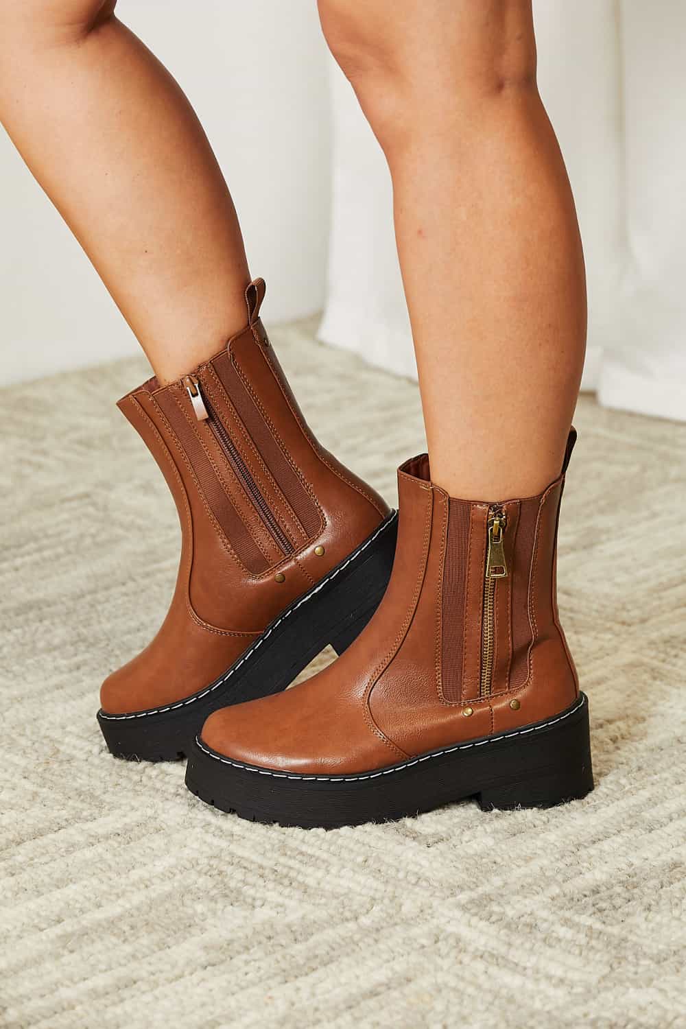 Sienna Side-Zip Platform Boots — Brown - Dressed.