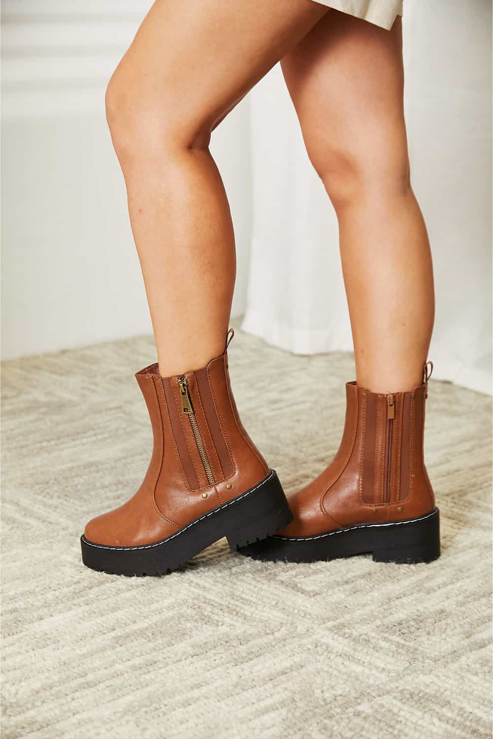 Sienna Side-Zip Platform Boots — Brown - Dressed.