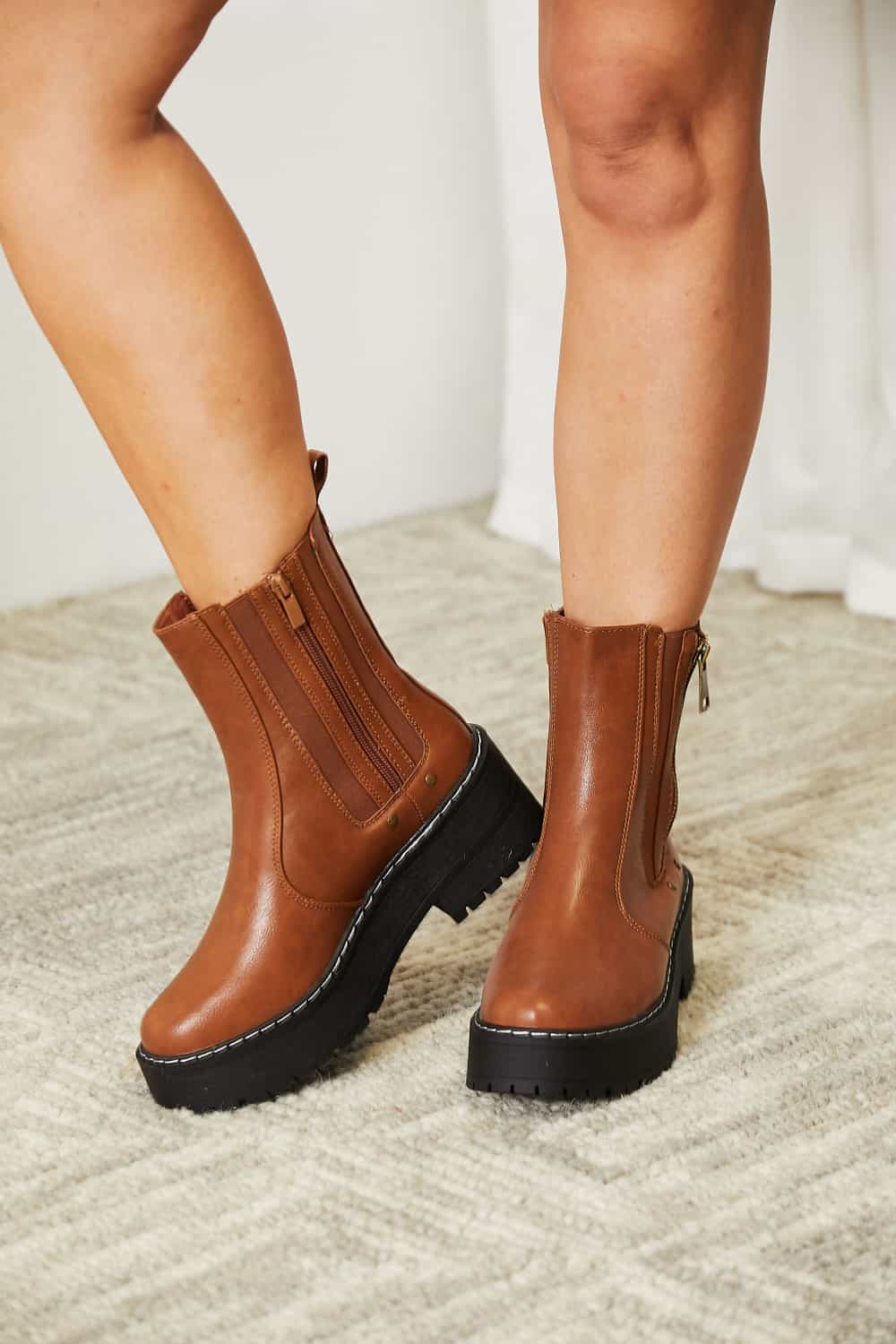 Sienna Side-Zip Platform Boots — Brown - Dressed.